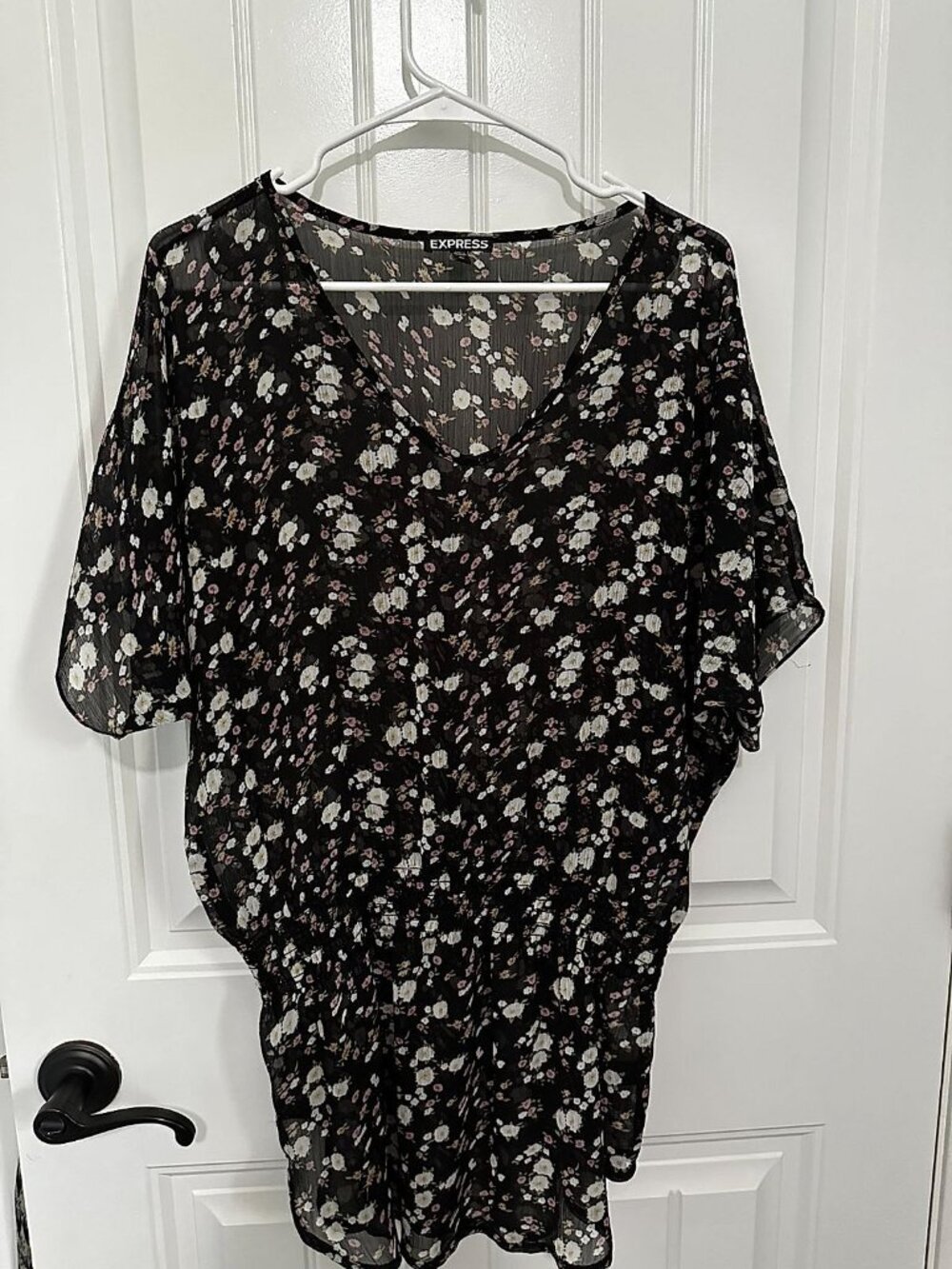 Express Sheer Floral Chiffon Dolman Sleeve VNeck Blouse Smocked Elastic Waist Pe